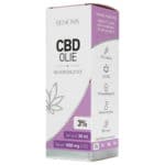 Een doosje Renova CBD olie 3% (30 ml) bovenop een tafel.