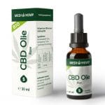 Een flesje Medihemp CBD Olie RAW 5% (30ml) naast een doosje.