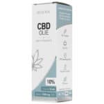 Een doosje Renova CBD olie 10% op een witte achtergrond.