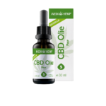 Een flesje en doosje Wedihemp CBD Olie Puur 5%, versierd met een groen cannabisbladdessin, met het etiket met vermelding "CBD Olie Puur, 30 ml, 5% Voedingssupplement.