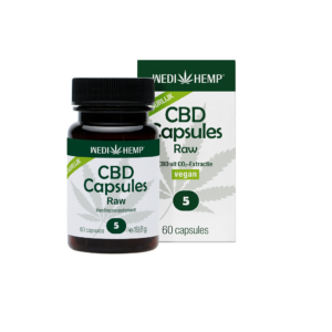 Een fles en doos Wedihemp CBD Capsules 5% (60 stuks), met 60 veganistische capsules, waarbij elke capsule 5 mg CBD bevat.