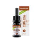 Een 10 ml flesje Wedihemp CBG (cannabigerol) Olie 5% met een druppelaar, gelabeld als voedingssupplement. De verpakking is wit en bruin met een bladontwerp en het woord "natuurlijk.