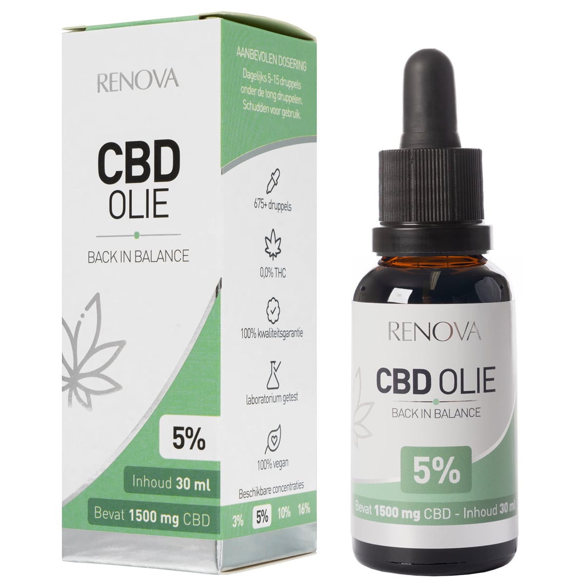 Een flesje Renova CBD olie 5% (30 ml) naast een doosje Renova CBD olie 5%.