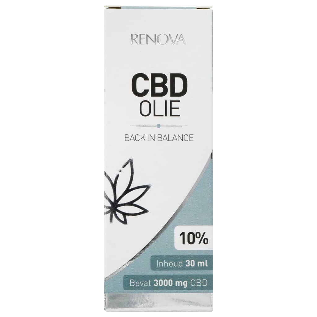 Een flesje Renova CBD olie 10% (30ml) op een witte achtergrond.