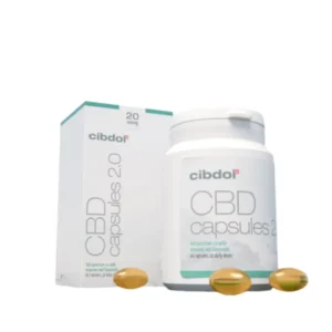 Witte fles en doos met Cibdol CBD 20% softgelcapsules met gouden capsules aan de voorkant, met het label 'full spectrum' en elk 33,33 mg CBD.