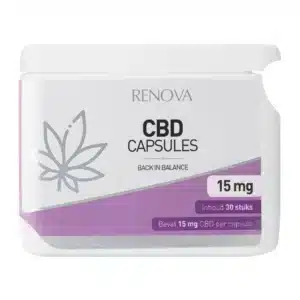 Container met Renova CBD-capsules met een bladillustratie. Op het etiket staat: "Back in Balance", 10 mg per capsule, 30 stuks. Heeft een wit en paars design.