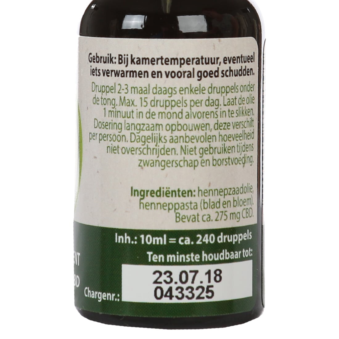 Een flesje Jacob Hooy CBD olie 2,75%.