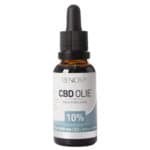 Een flesje Renova CBD olie 10% (30ml) op een witte achtergrond.