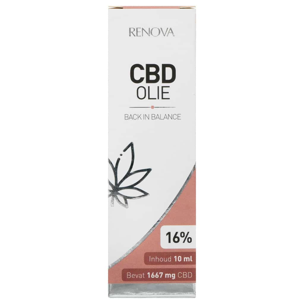 Een fles Renova CBD olie 16% bovenop een tafel.