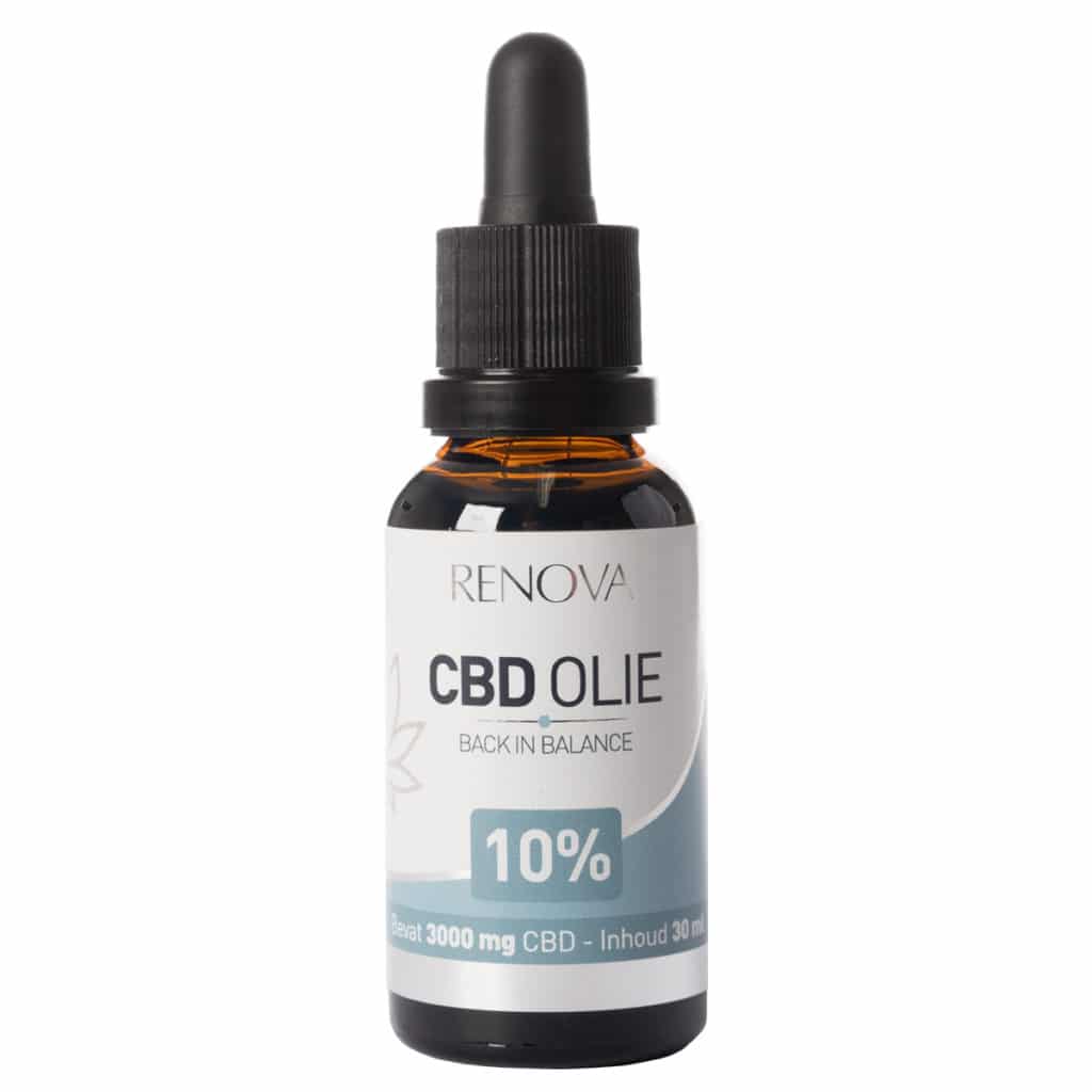 Een flesje Renova CBD olie 10% (30ml) op een witte achtergrond.