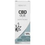 Een flesje Renova CBD olie 10% (30ml) op een witte achtergrond.