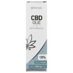 Een fles Renova CBD olie 10% bovenop een tafel.