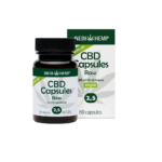 Een fles en doos Wedihemp CBD-capsules, met 60 veganistische capsules met 2,5% CBD-gehalte.