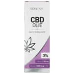 Een fles Renova CBD olie 3% (30 ml) op een witte achtergrond.