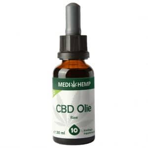 Medihemp CBD Olie RAW 10% (30ml) op een witte ondergrond.