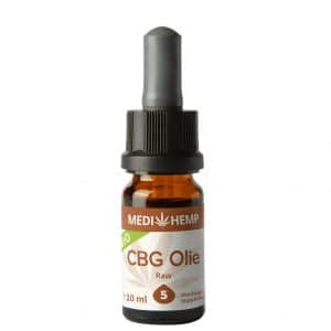 Een fles Medihemp CBG (cannabigerol) olie 5% op een witte achtergrond.