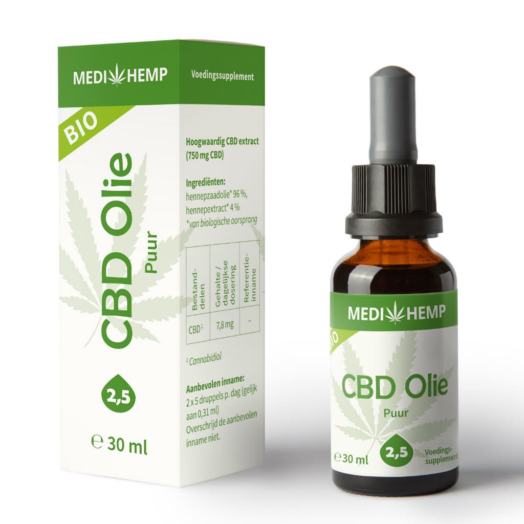 Medihemp CBD Olie Puur 2,5% (30ml) naast een doosje.