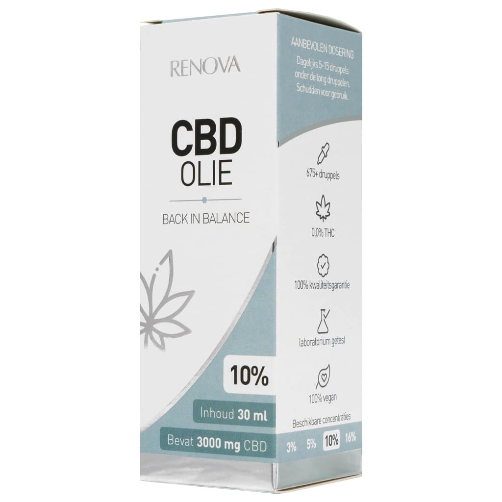 Een flesje Renova CBD olie 10% (30ml) bovenop een tafel.