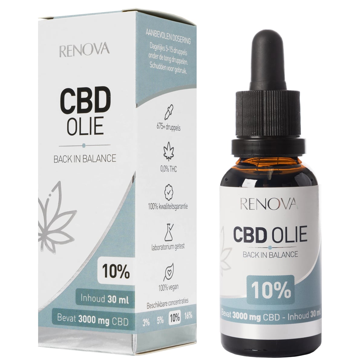 Een flesje Renova CBD olie 10% (30ml) naast een doosje Renova CBD olie 10% (30ml).