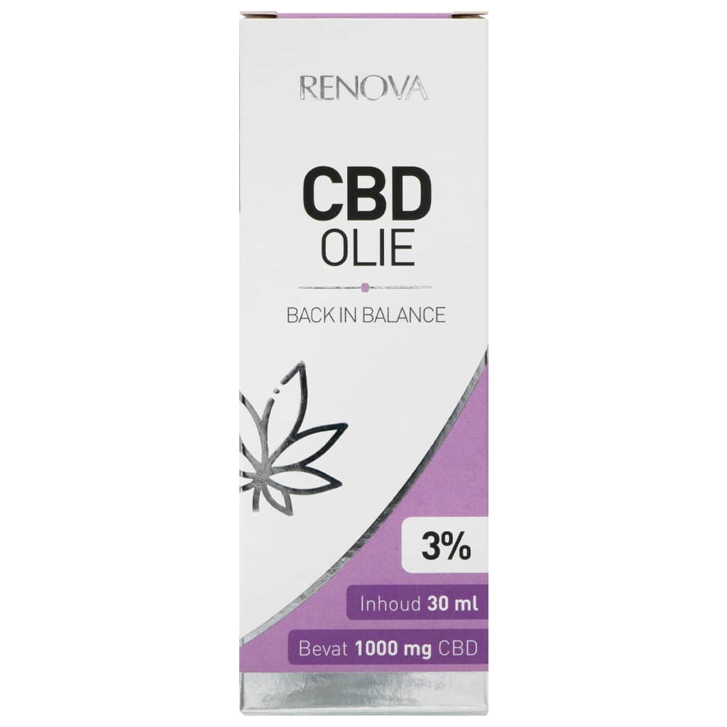 Een fles Renova CBD olie 3% (30 ml) op een witte achtergrond.