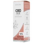 Een doosje Renova CBD olie 16% op een witte achtergrond.