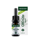 Een flesje van 10 ml Wedihemp CBD Olijf Olie 6% met druppelaar, geplaatst voor de verpakking met een Nederlands label.