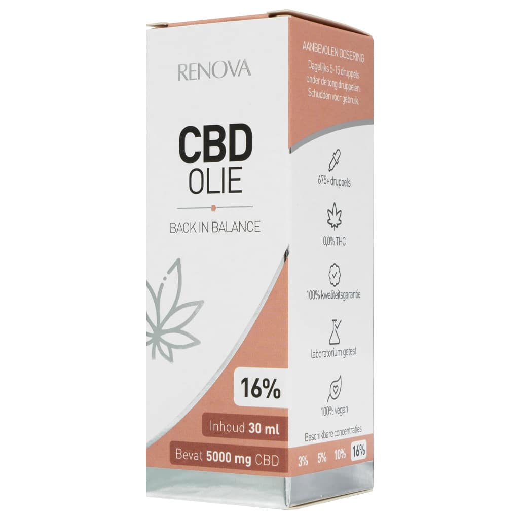 Een flesje Renova CBD-olie 16% (30ml) bovenop een tafel.