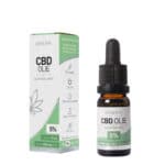 een flesje Renova CBD olie 5% naast een doosje Renova CBD olie 5%.