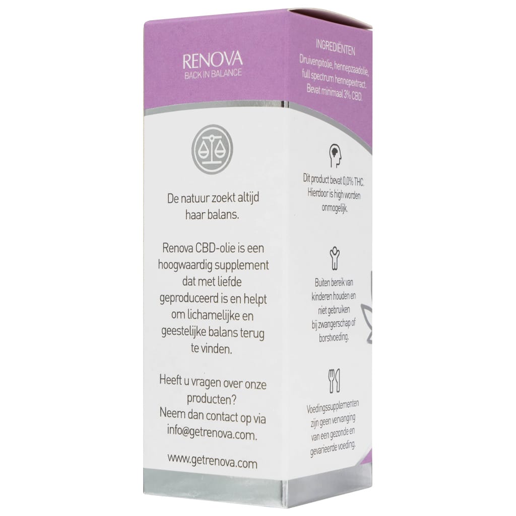 een witte doos met een paars label erop" met daarin Renova CBD olie 3% (30 ml).