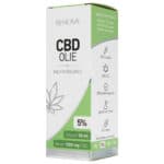 Een doosje Renova CBD olie 5% (30 ml) op een witte achtergrond.