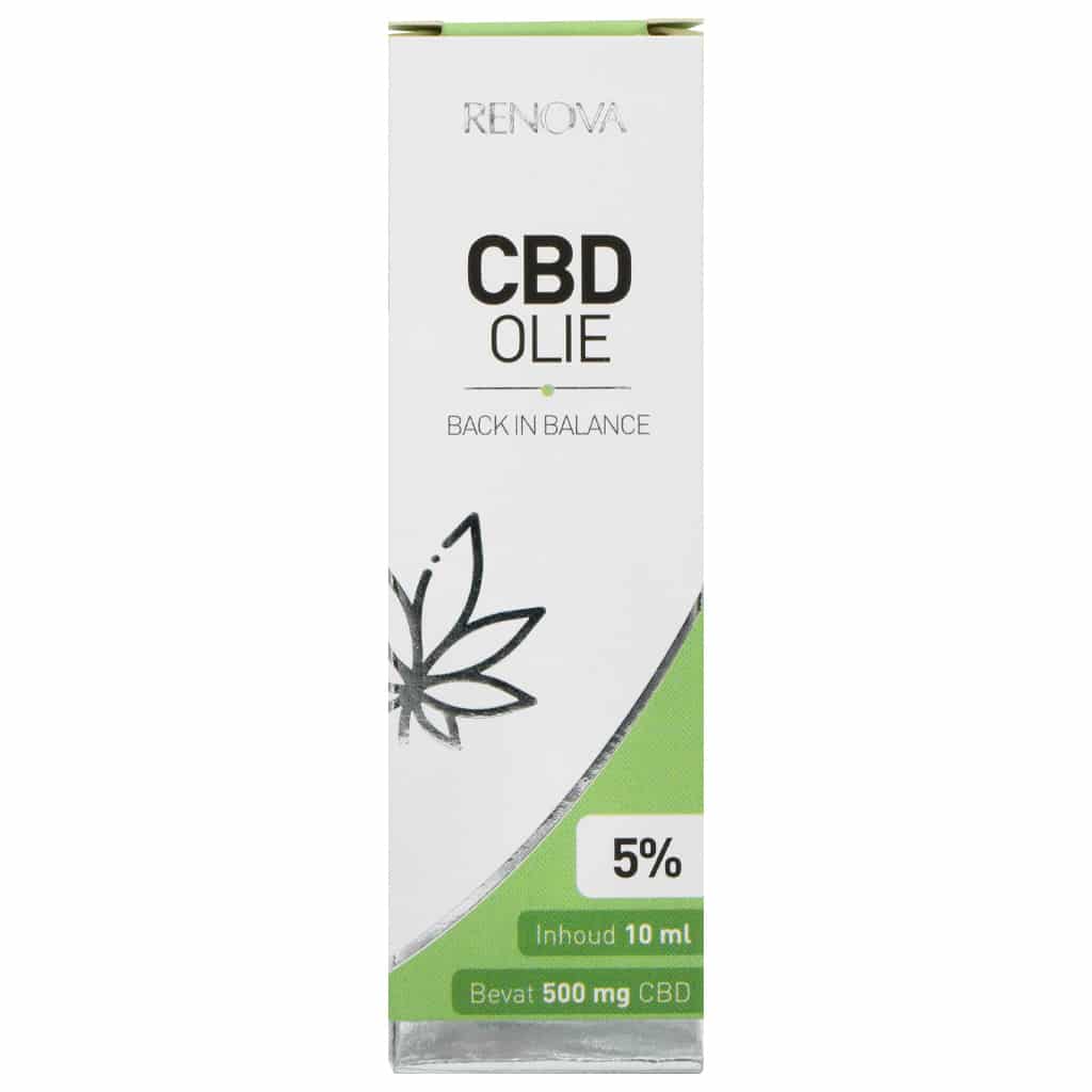 Een tube Renova CBD olie 5% op een witte achtergrond.