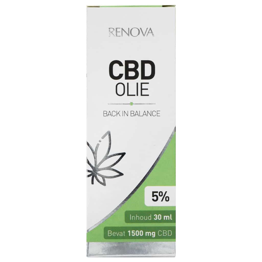 Een fles Renova CBD olie 5% (30 ml) op een witte achtergrond.