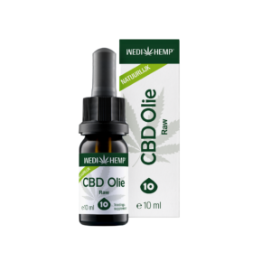 Een 10 ml flesje Wedihemp CBD Olie RAW 10% met doosje, met het label "Natuurlijk" en versierd met een hennepbladontwerp.