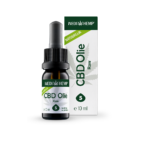 Een 10 ml flesje Wedihemp CBD Olie RAW 5% naast de verpakking. Op het etiket staat het woord "Natuurlijk" en een cannabisbladdesign.