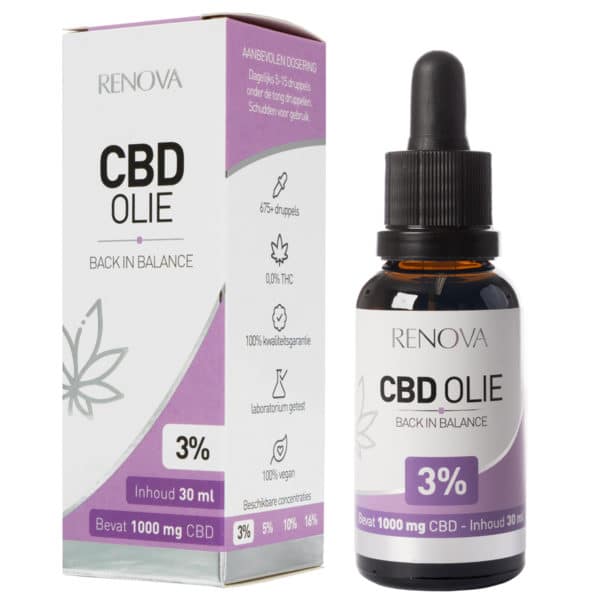 Een flesje Renova CBD olie 3% (30 ml) naast een doosje.