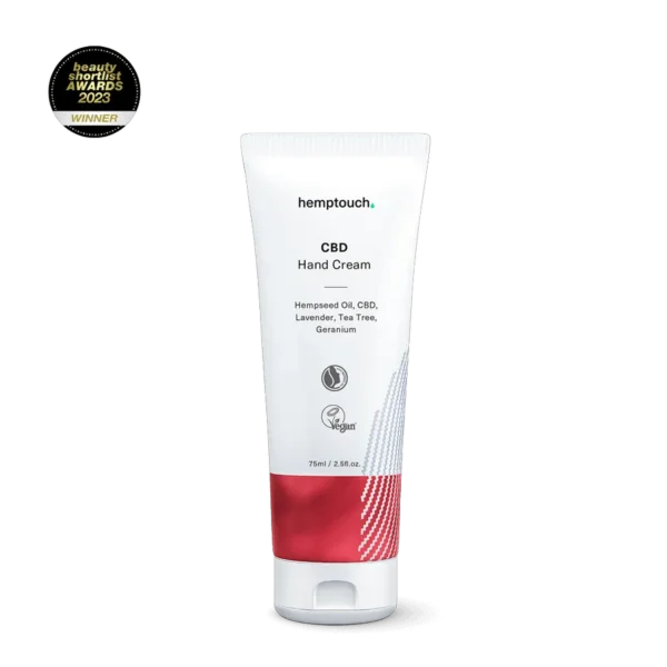 Hemptouch - Handcrème met CBD (75ml) in een rood-wit design bevat hennepzaadolie en lavendel en draagt de badge van de winnaar van de "Beauty Shortlist Awards 2023".